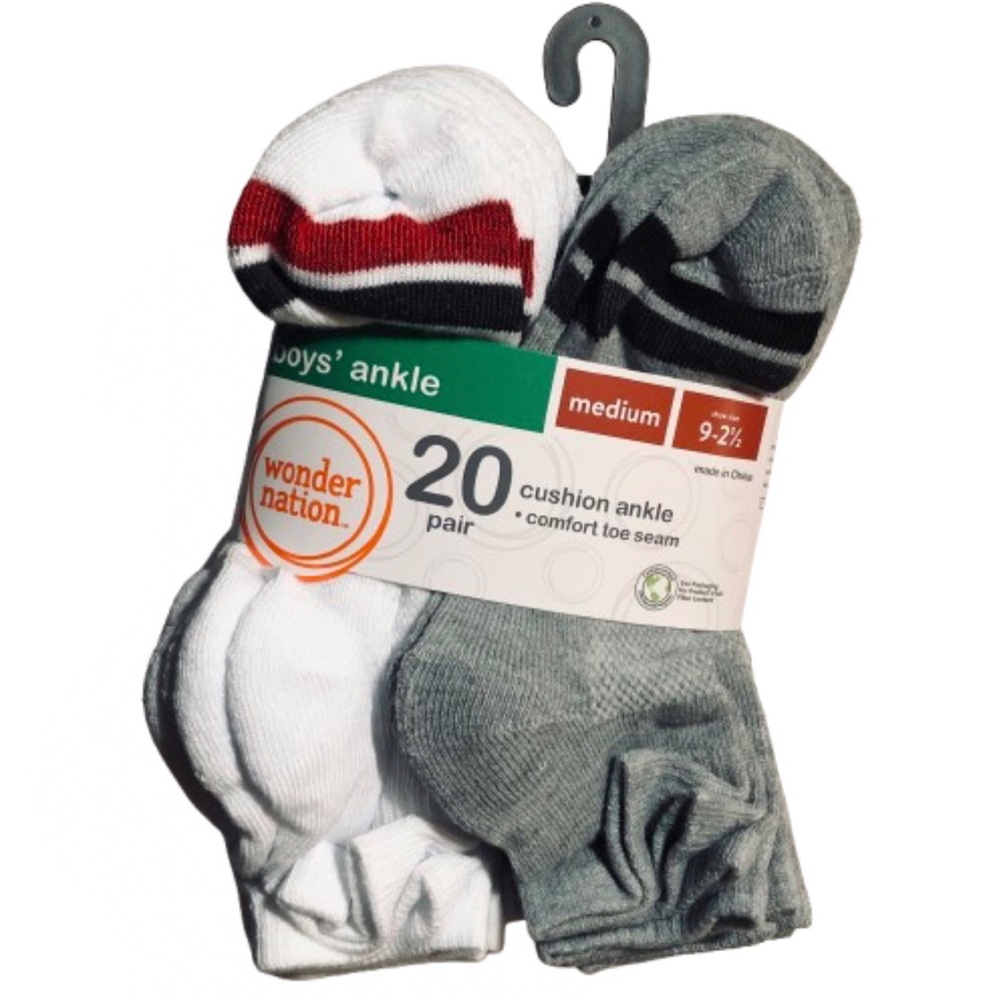 🔥$13🔥NEW WONDER NATION 20 PAIRS Ankle Socks Gray White Medium 9 - 2 1/2 Boys